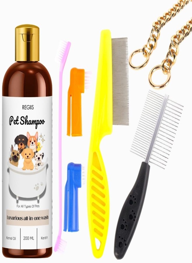 REGIIS Pet Shampoo Set with Grooming Tools, 200 ML Luxurious All-in-One Wash with Kernal Oil and Keratin, Dog Combs, Brushes, Chain Leash for All Types of Pets(5 Pack) - Image 1